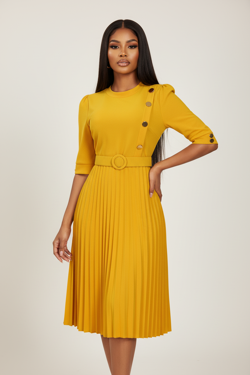 Yellow dress with pleated skirt and three belts on a white background
