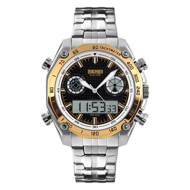 Large Dial Steel Band Men's Watch - Dual Display Business Watch