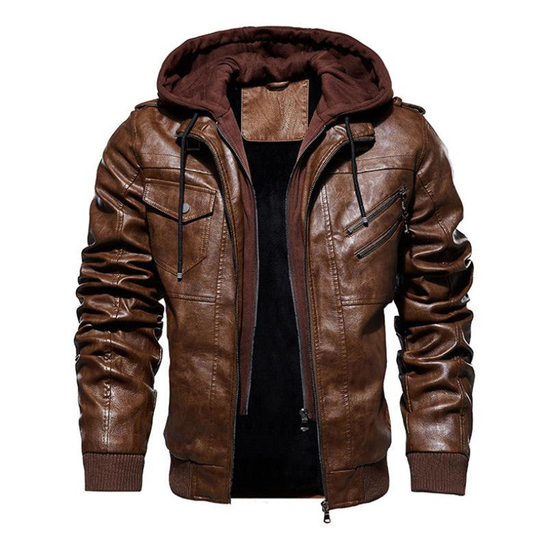 Plus Size PU Washable Hooded Leather Jacket with Zipper