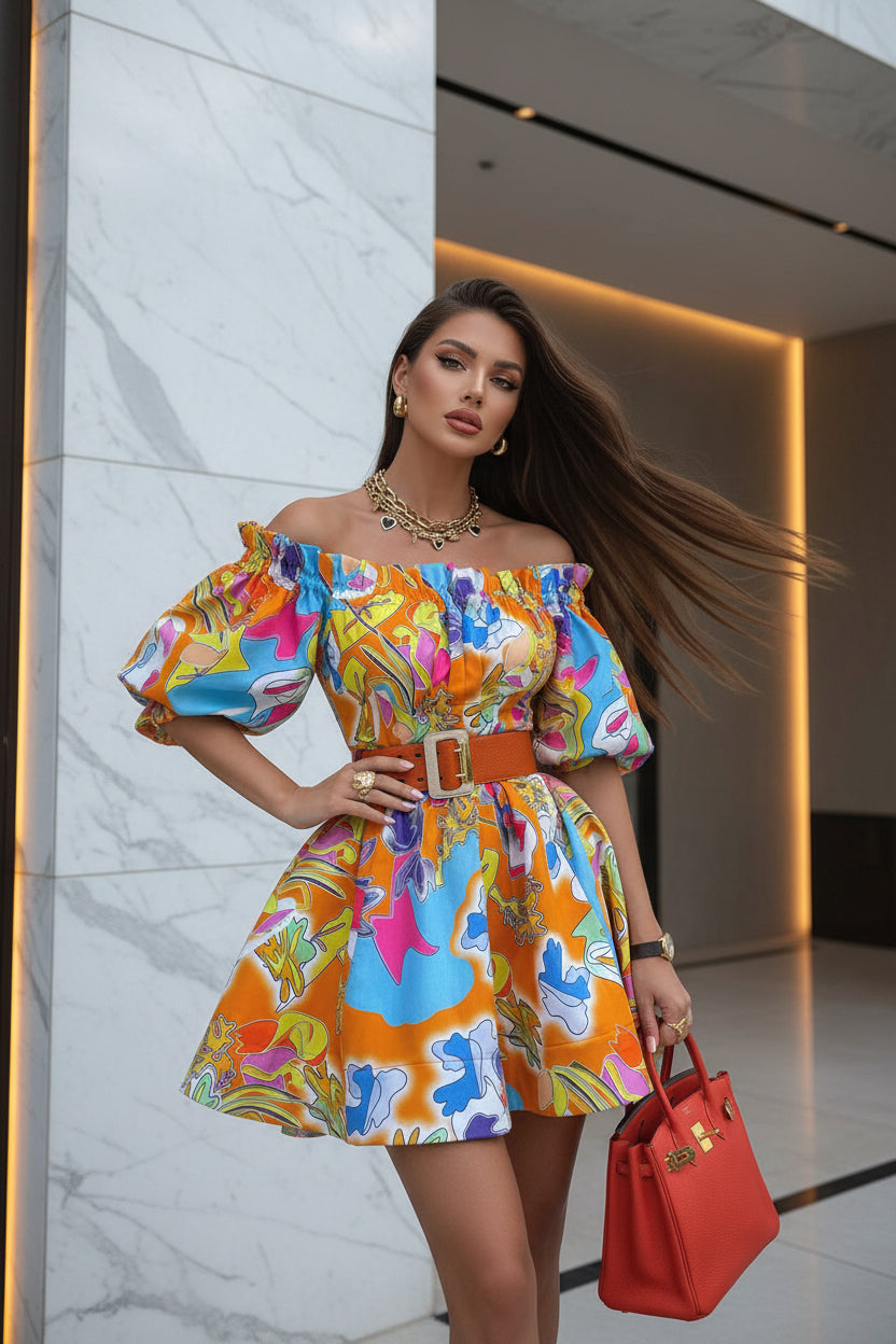 Woman wearing a colorful dress with a red handbag in an outdoor setting