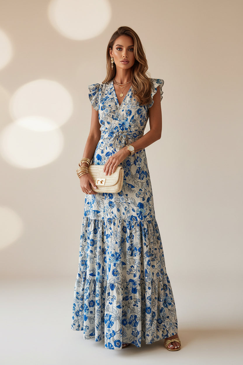 Woman wearing a floral dress on a white background