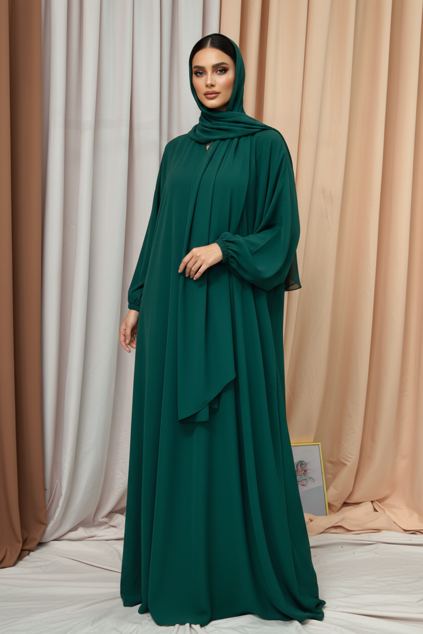 Green dress on a hanger against a neutral background