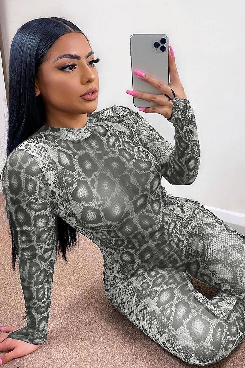 Summer Snake Print Long Sleeve Bodysuit Jumpsuit