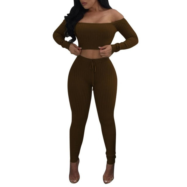 High Elastic Ribbed Long Pants Two-Piece Set