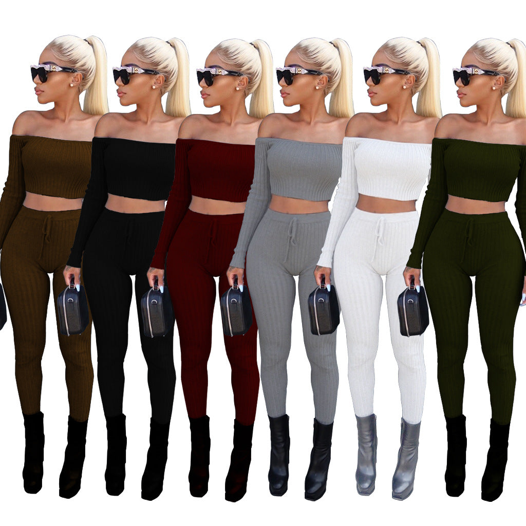 High Elastic Ribbed Long Pants Two-Piece Set