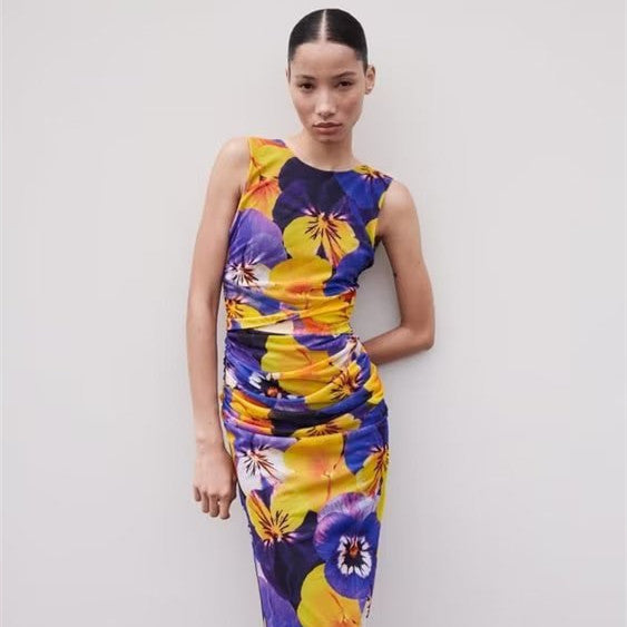 Backless Silk Net Printed Dress for Spring and Summer