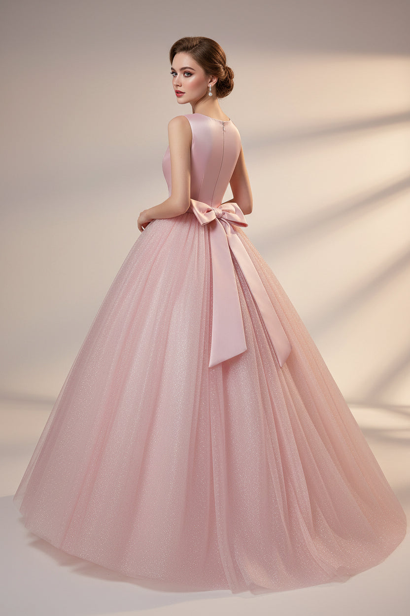 Pink dress with a large bow on a white background