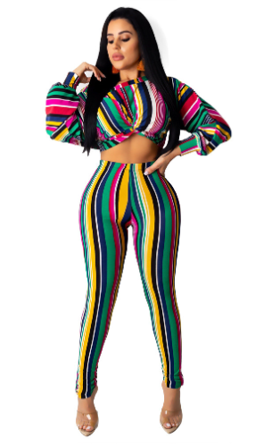 Striped Print Long Top and Leggings Two-Piece Set