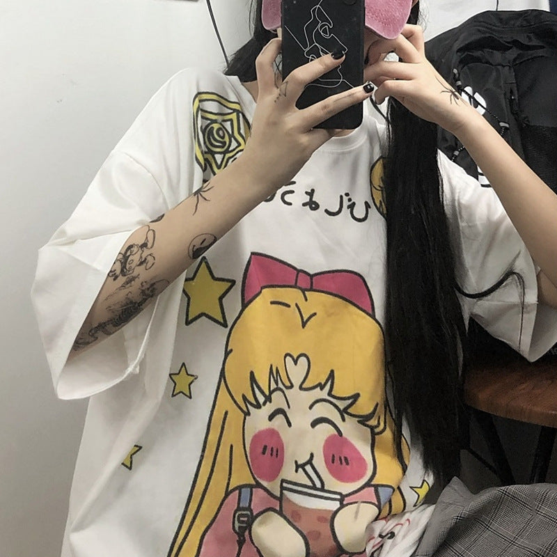 Summer Korean Cartoon Print Loose T-Shirt for Women