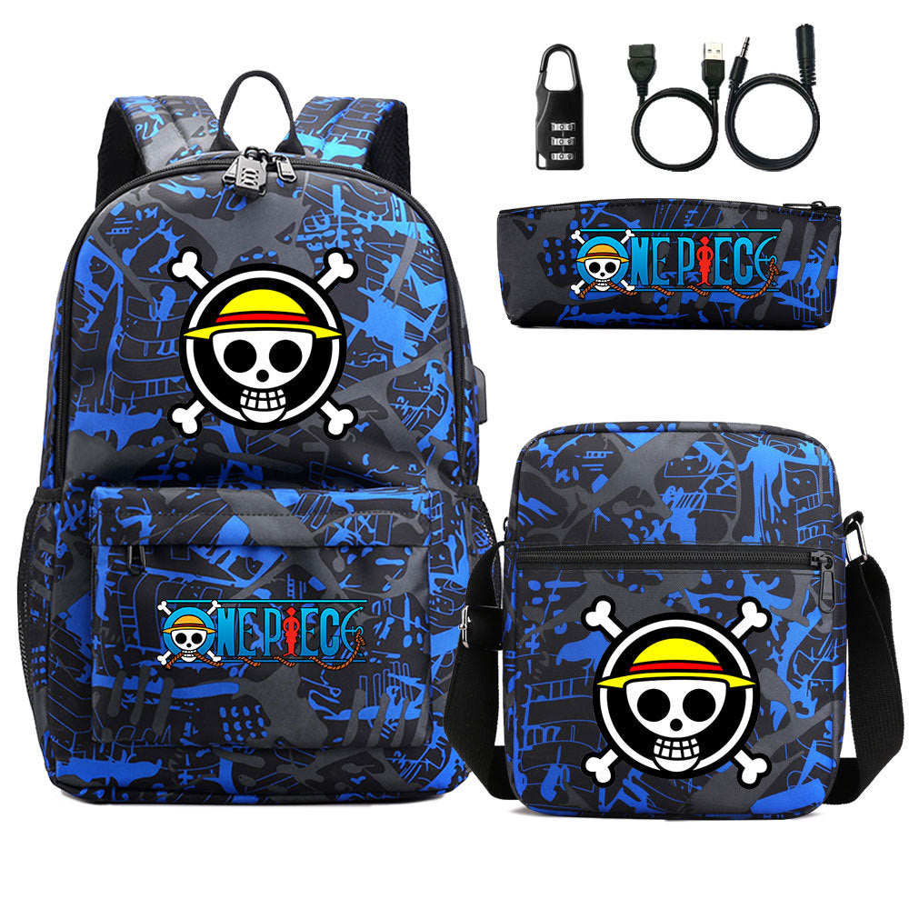 Cartoon One Piece USB Password Lock Backpack Set