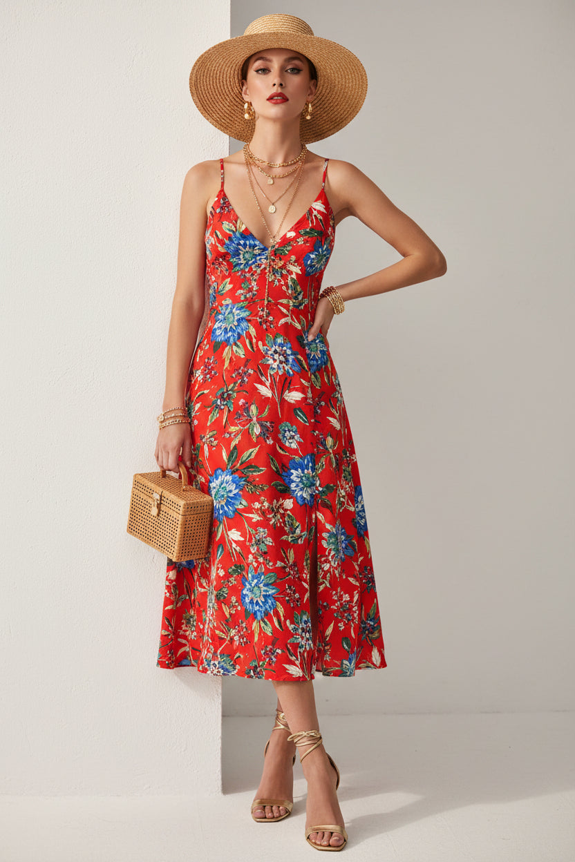 Woman wearing a red floral dress with a straw hat against a white wall.