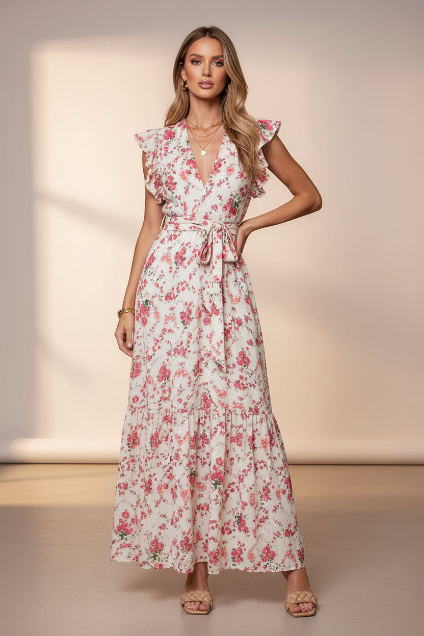 Woman wearing a floral dress sitting on a white background
