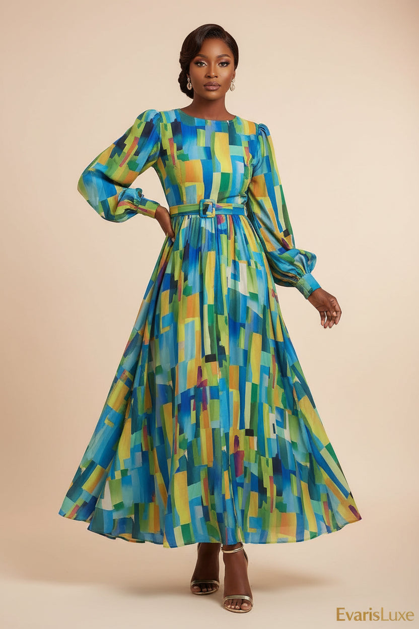 Colorful geometric-patterned dress worn by a person, displayed on a mannequin, and shown in a mirror selfie.
