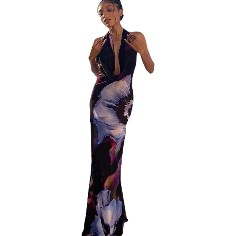 Woman wearing a floral dress on a white background