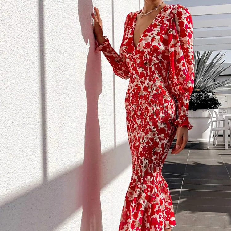 2023 Spring V-Neck Fitted Mermaid Dress for Women