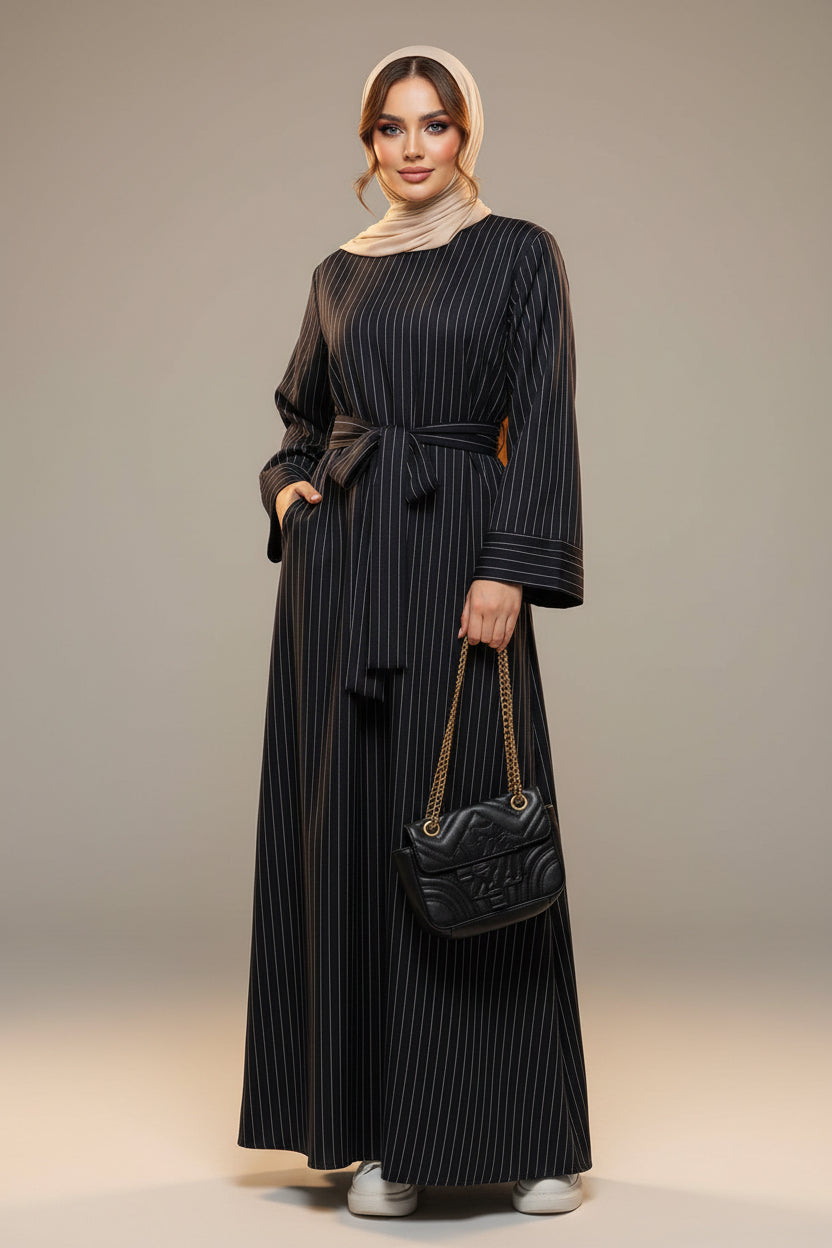 Person wearing a long dark blue dress holding a black handbag in an elegant room.
