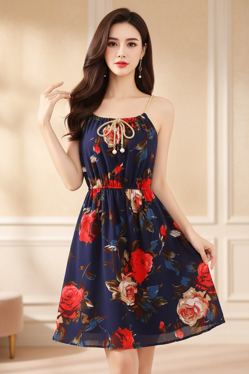 Floral dress on a hanger with a pink bag and red flowers on a beige background
