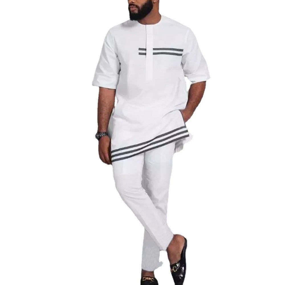 African Ethnic Style White Print Short Sleeve Top & Pants