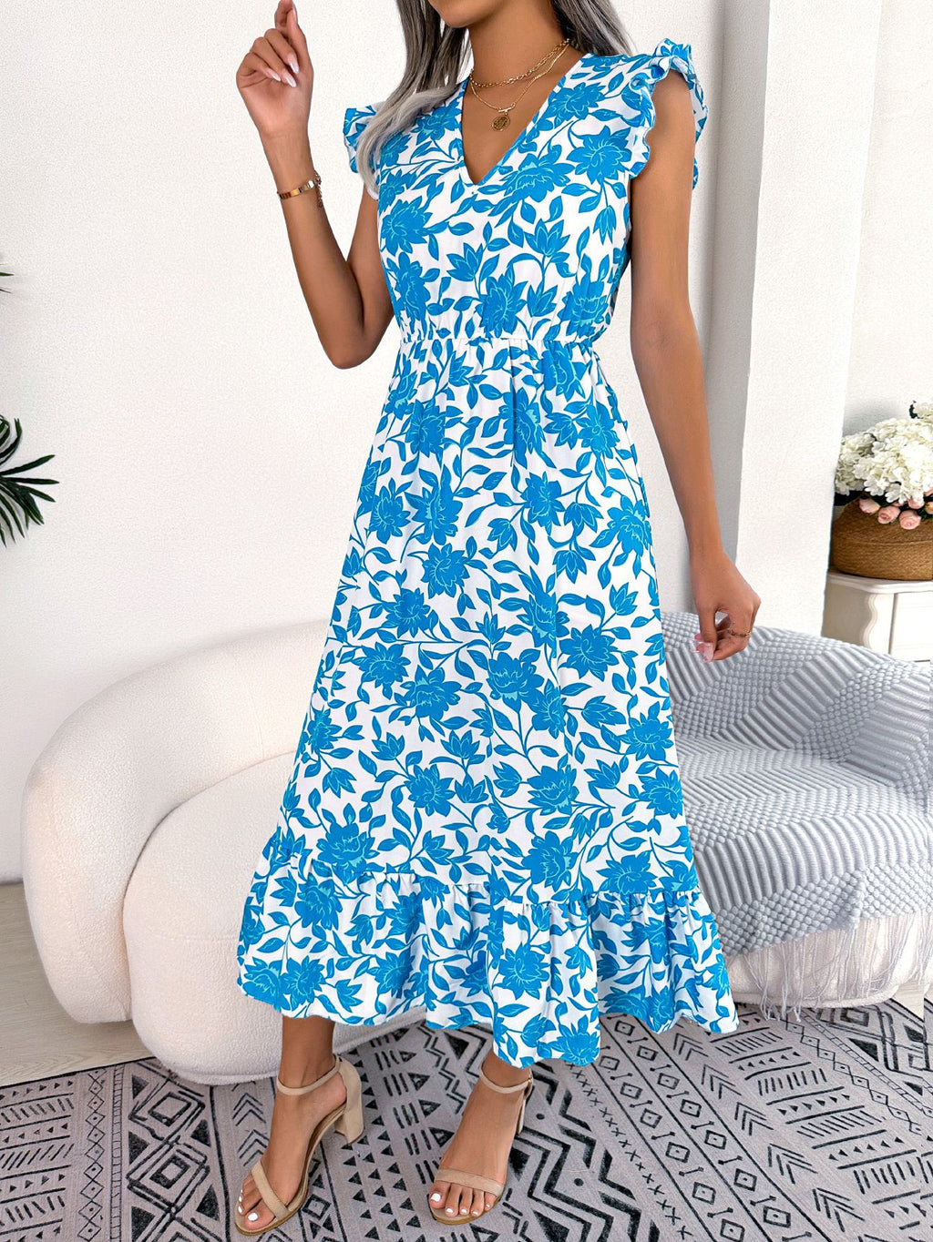 Spring Summer Casual Ruffle Floral Maxi Dress