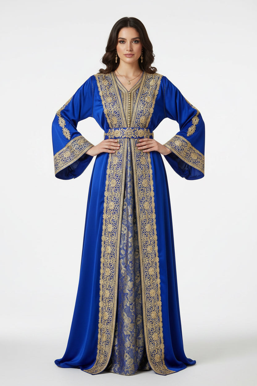 Blue dress with gold embroidery on a white background