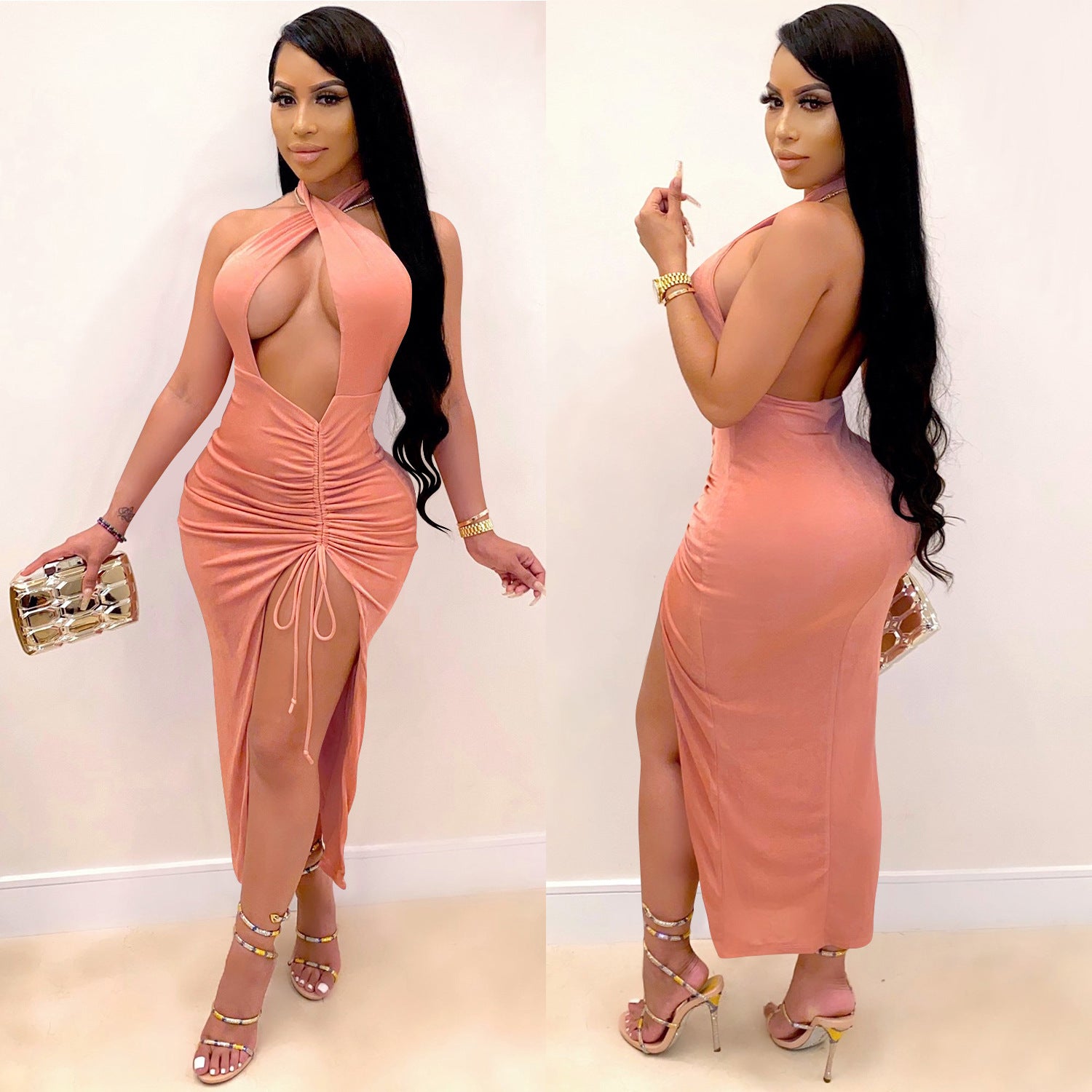 Fashionable Hollow Back Dress with Drawstring (Women)