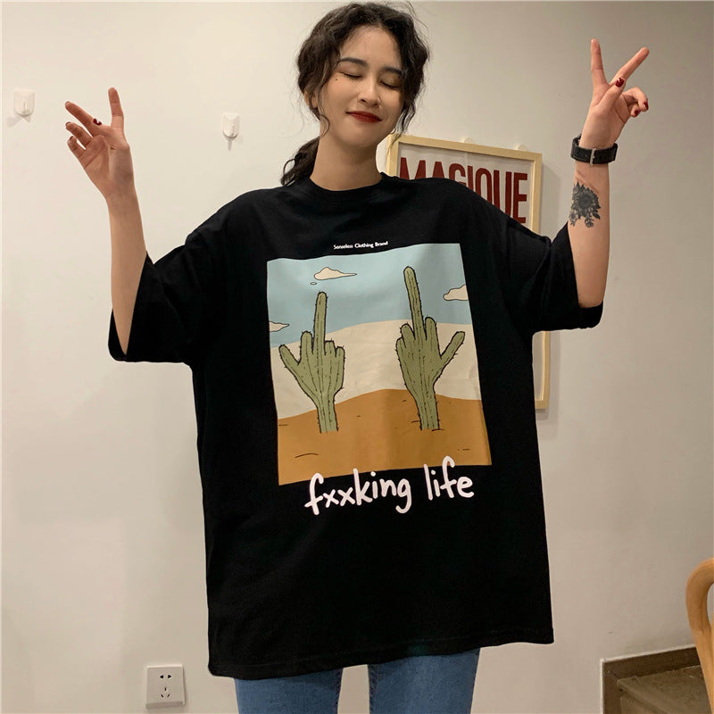 Cactus Print Loose Cotton T-Shirt for Women Summer