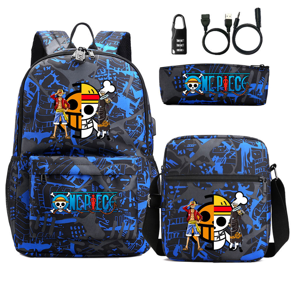 Cartoon One Piece USB Password Lock Backpack Set
