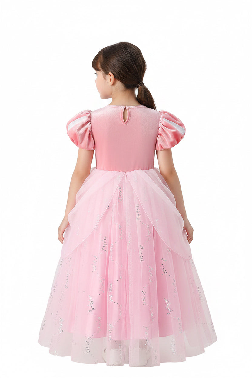 Pink dress with ruffled sleeves on a white background