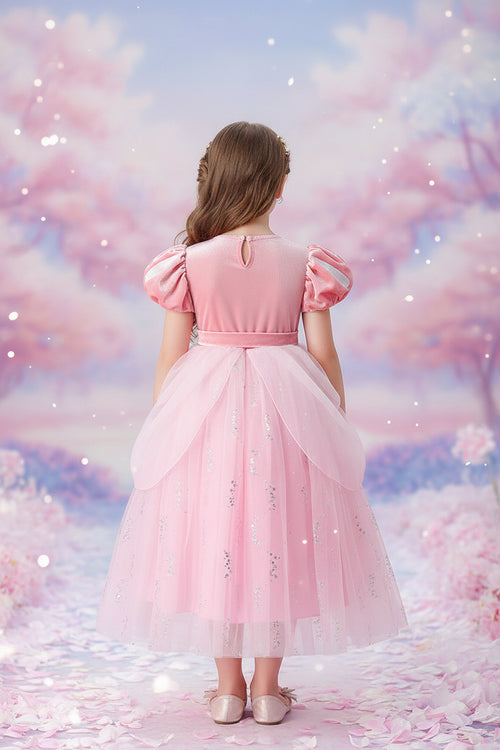 Pink dress with ruffled sleeves on a white background