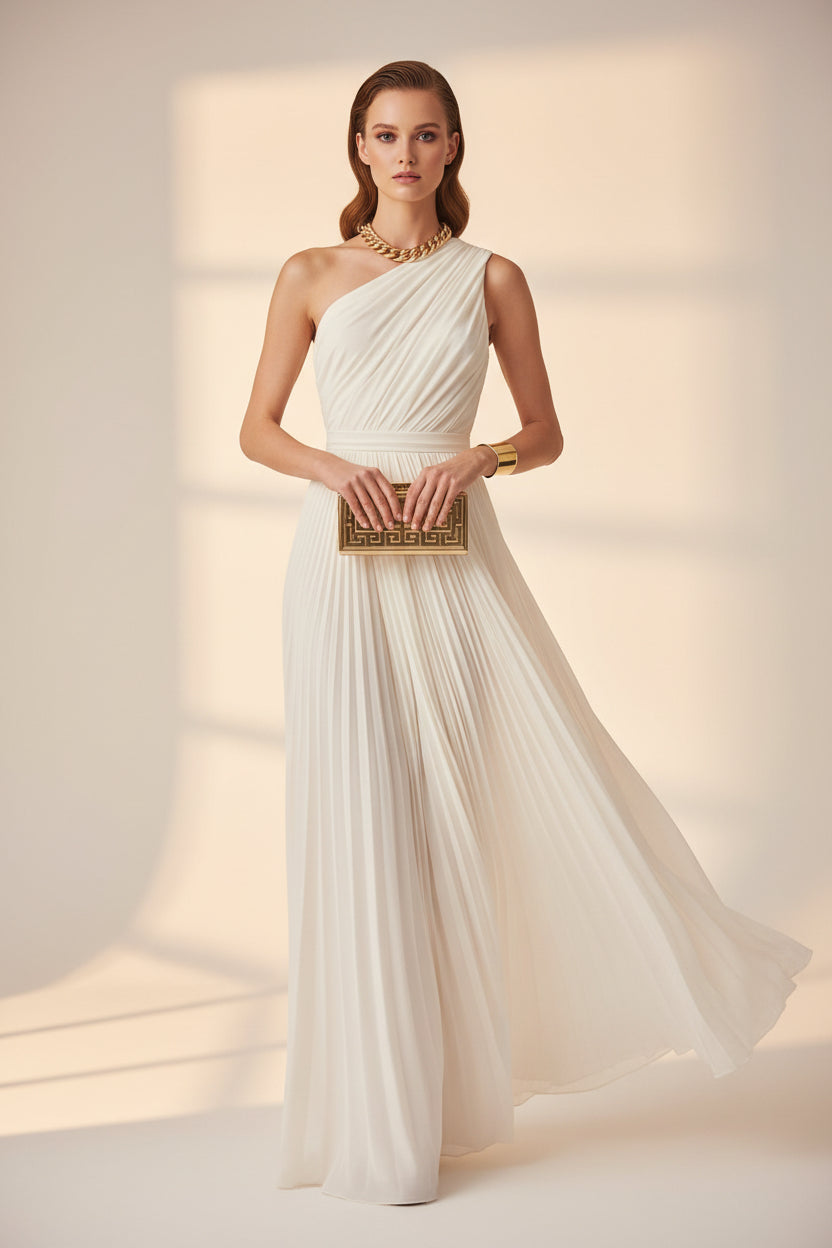 Woman in a white one-shoulder dress standing on a balcony with a scenic view.