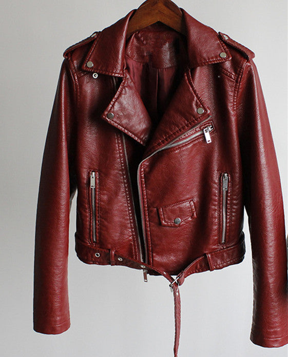 Motorcycle Collar Long Sleeve Slim Fit Leather Jacket