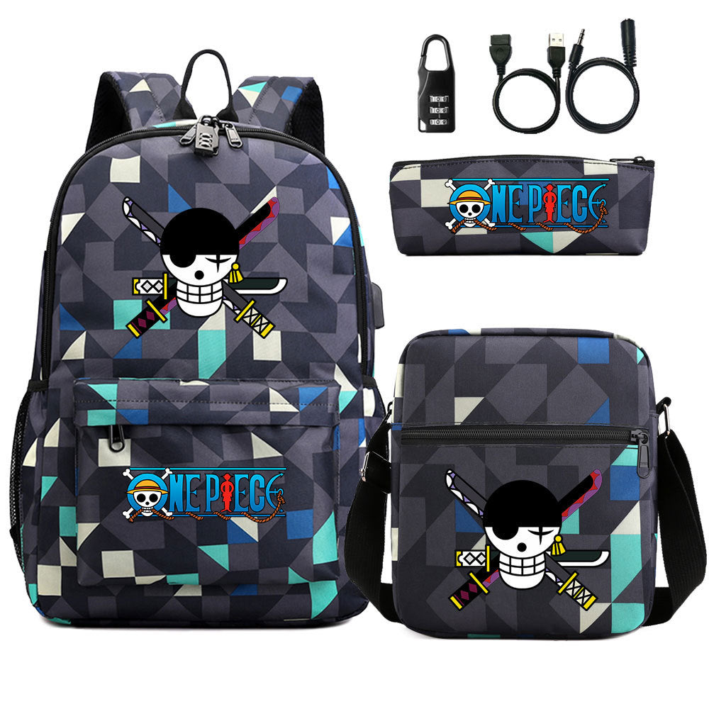 Cartoon One Piece USB Password Lock Backpack Set