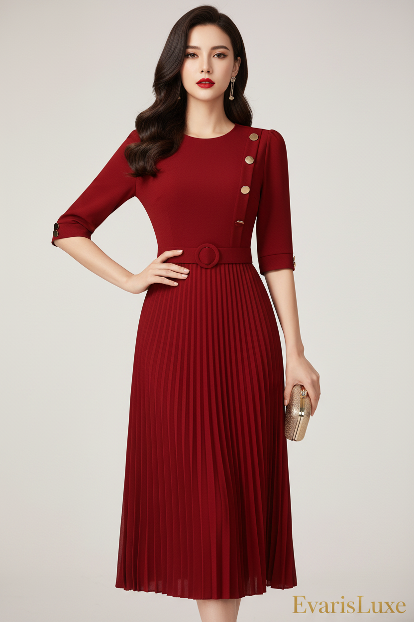 Red dress with a belt and two belt options on a white background