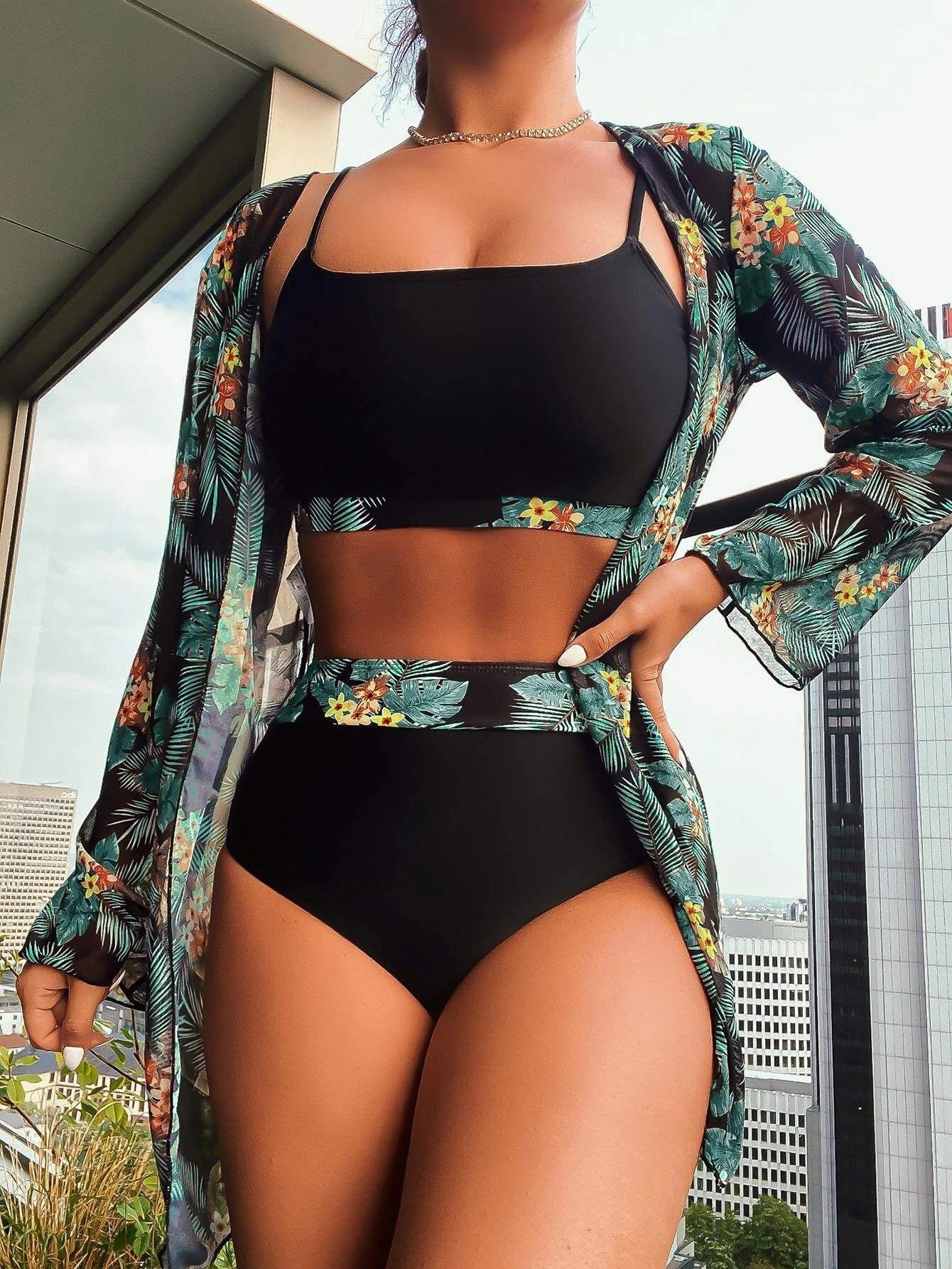 High Waist Women's Three-Piece Swimsuit Set with Cover-Up