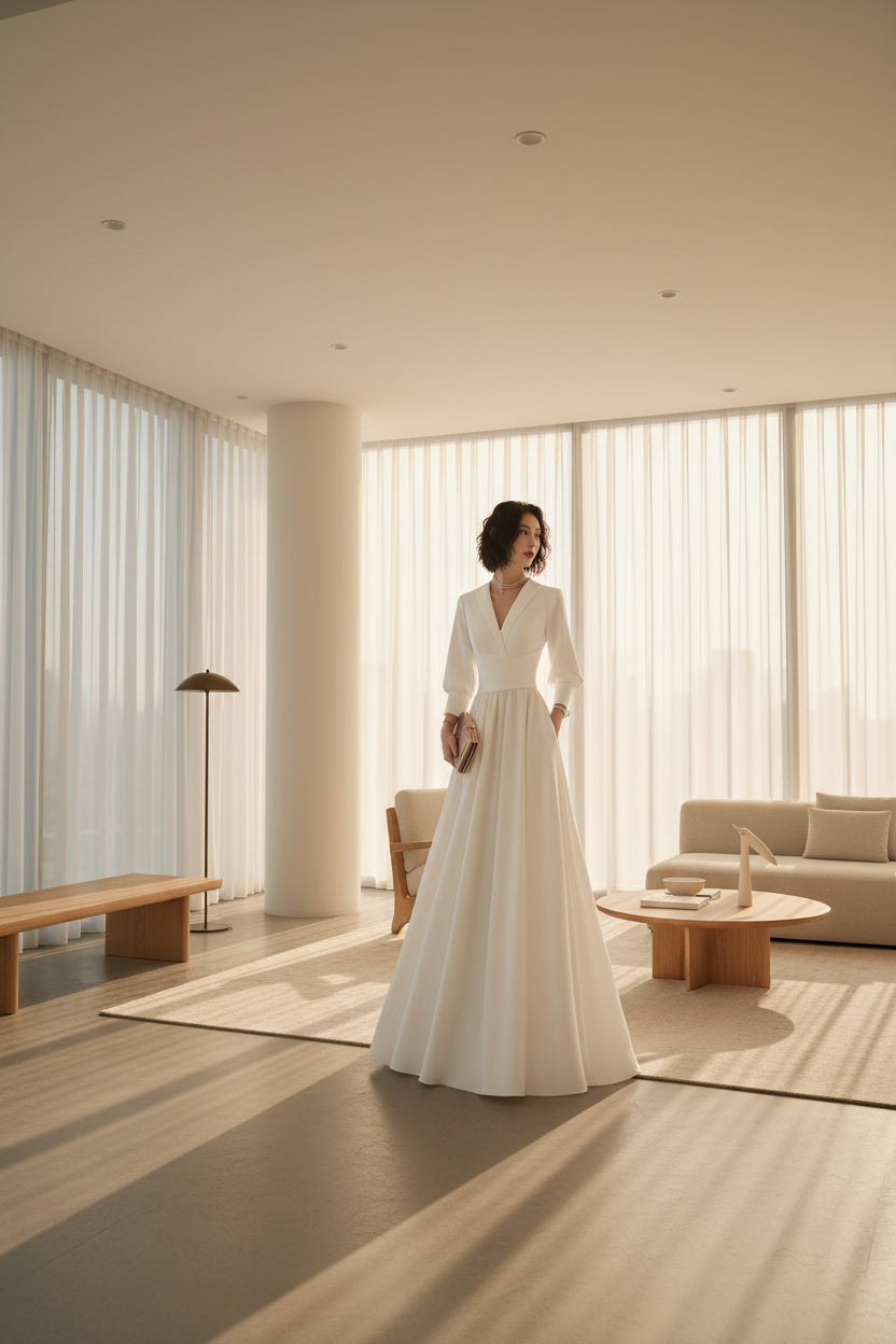 Woman in a white dress standing in an indoor setting with modern decor.