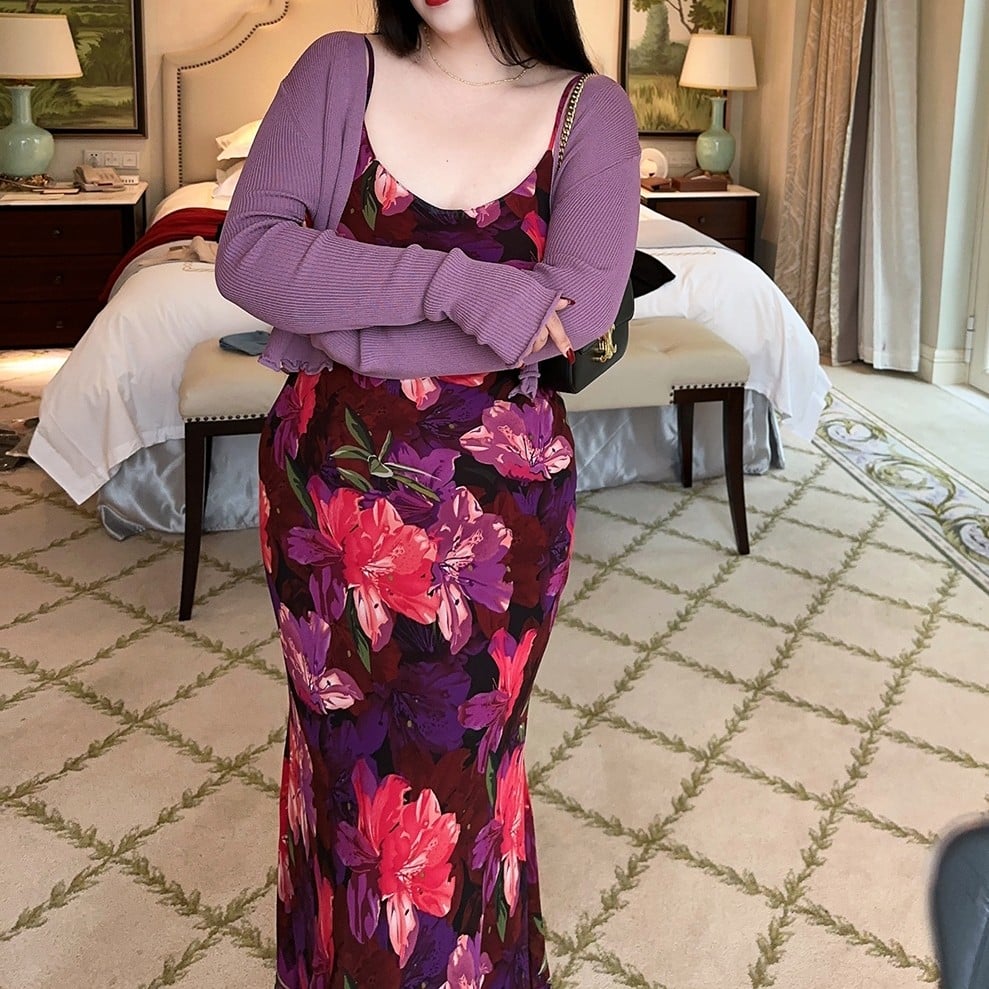 Vintage Purple Floral Suspended Dress for Women
