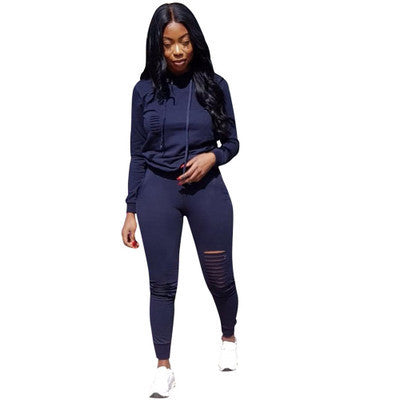 Women's Solid Color Floral Hoodie Two-Piece Set