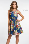Floral dress with a blue background on a white background, featuring the brand 'LIVAGIRL'.