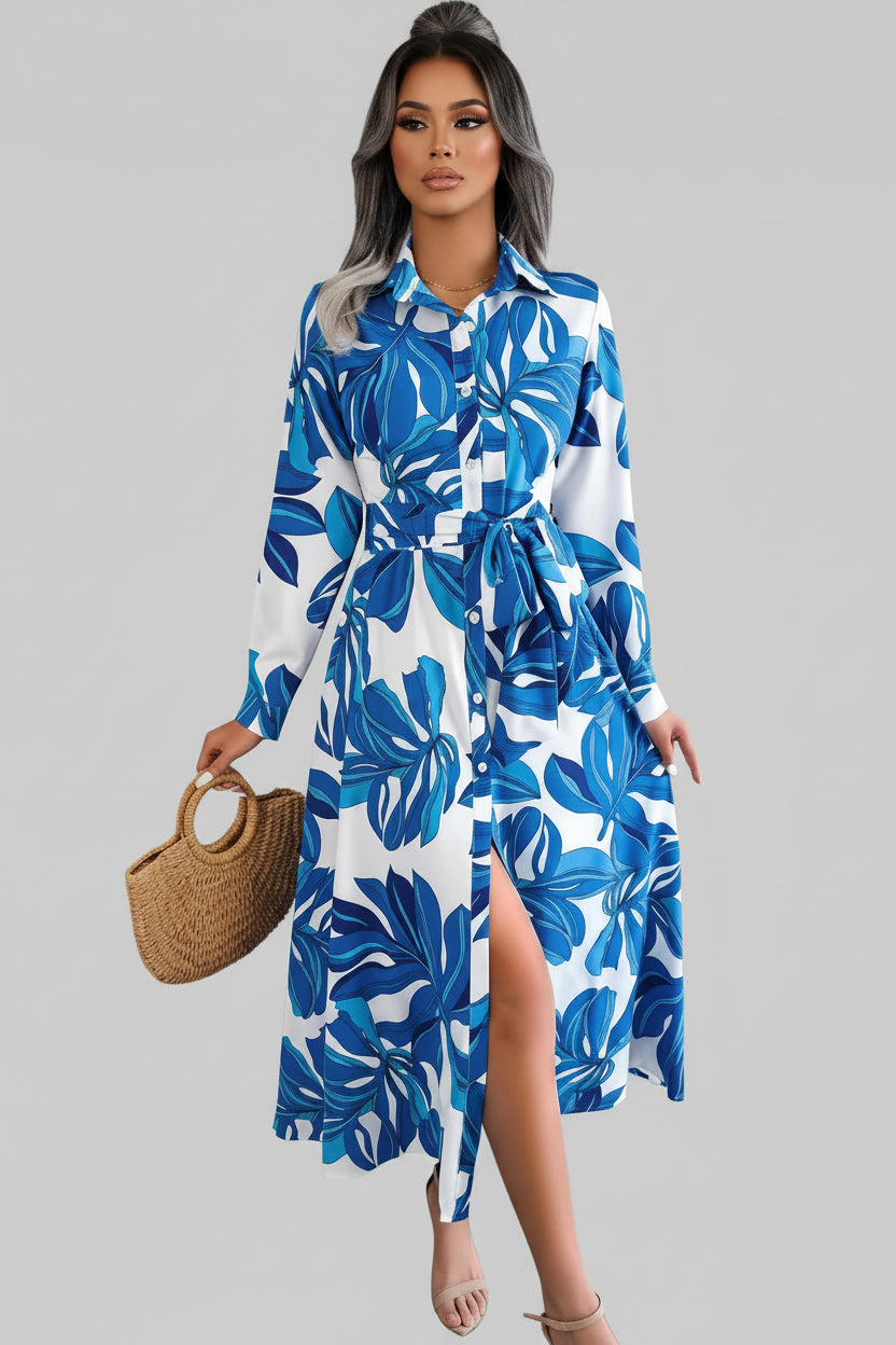 Three different long dresses with floral patterns worn by models in various settings.