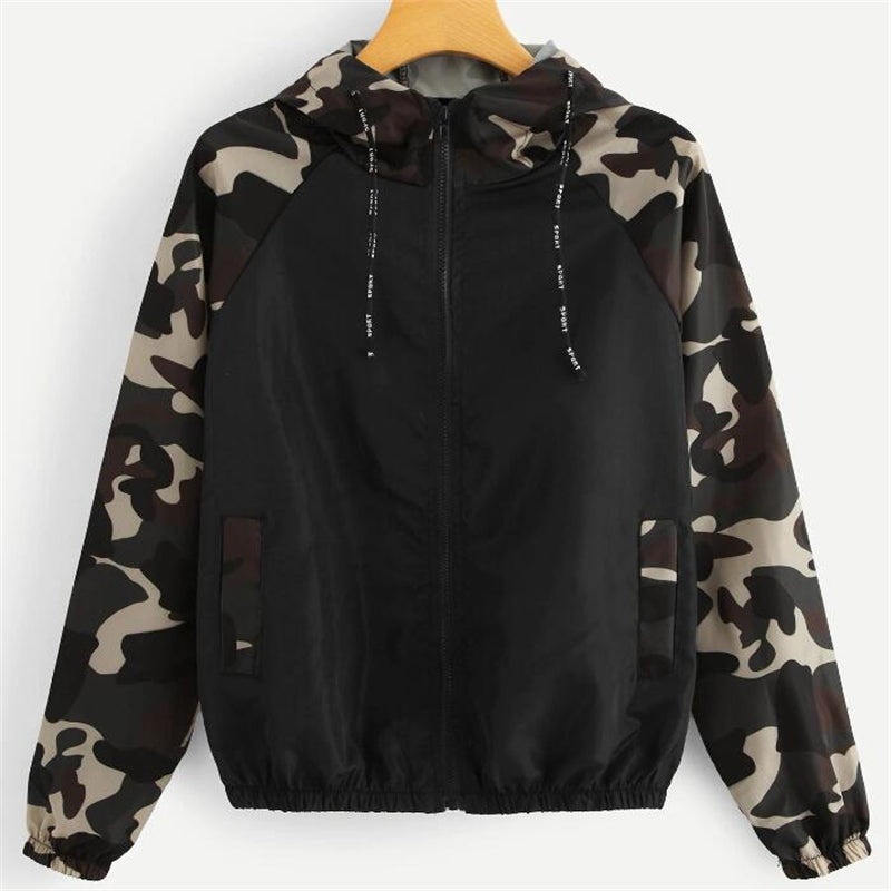 Camouflage Color-Block Zipper Hoodie Jacket for Women
