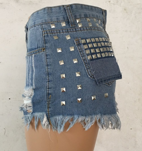 Summer Ripped Denim Shorts with Studs for Women
