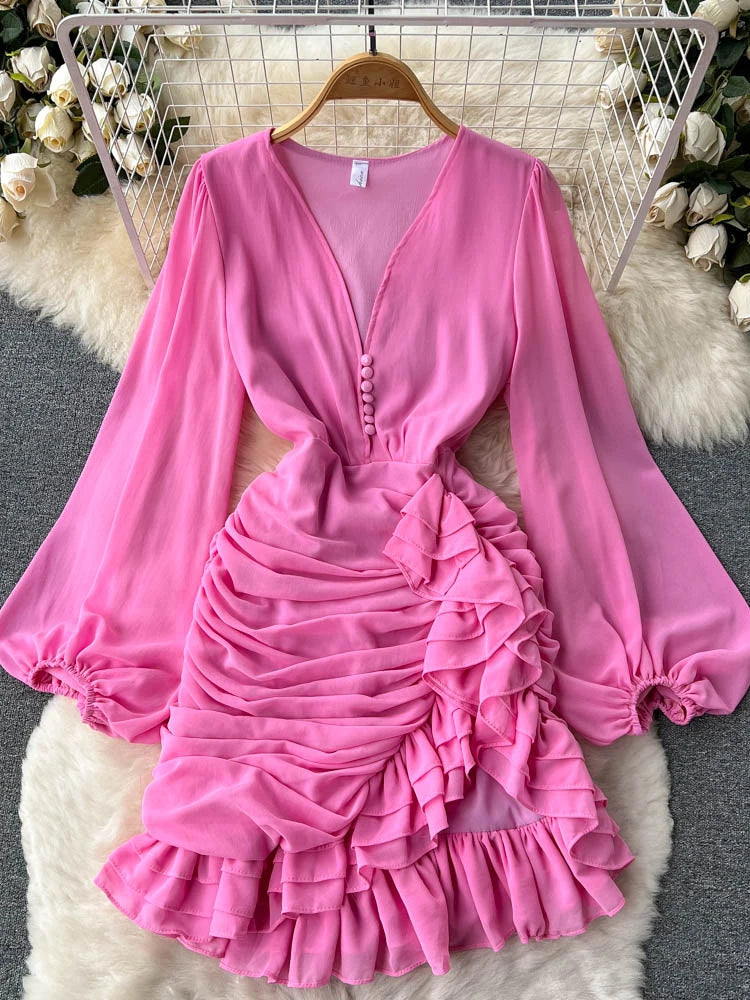 Early Spring V-Neck High-Waist Ruched Dress