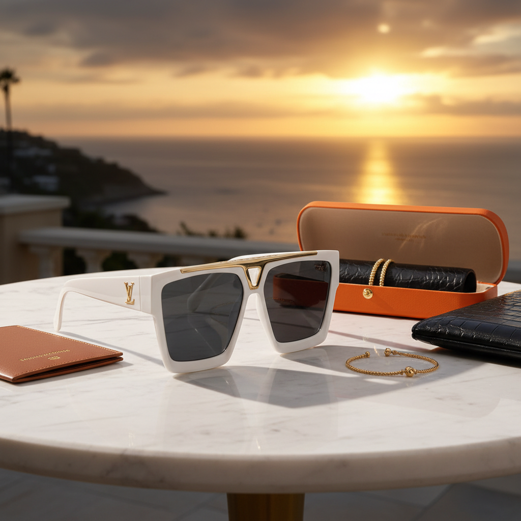 White sunglasses with gold accents on a white background, featuring Louis Vuitton branding.