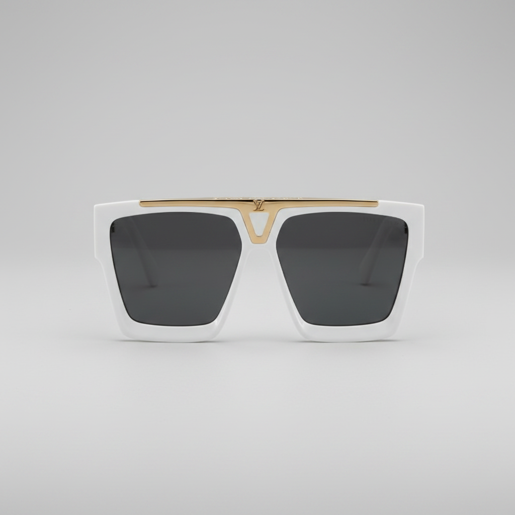 White sunglasses with gold accents on a white background, featuring Louis Vuitton branding.