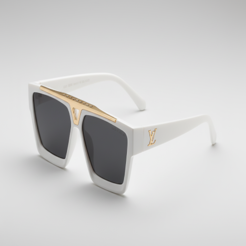 White sunglasses with gold accents on a white background, featuring Louis Vuitton branding.
