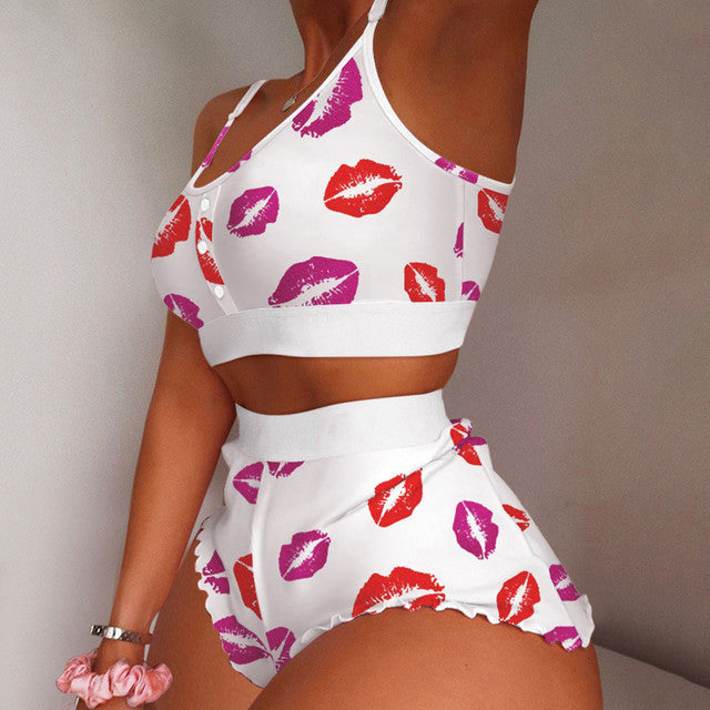 Heart Love Print Plus Size Summer Pajama Set for Women