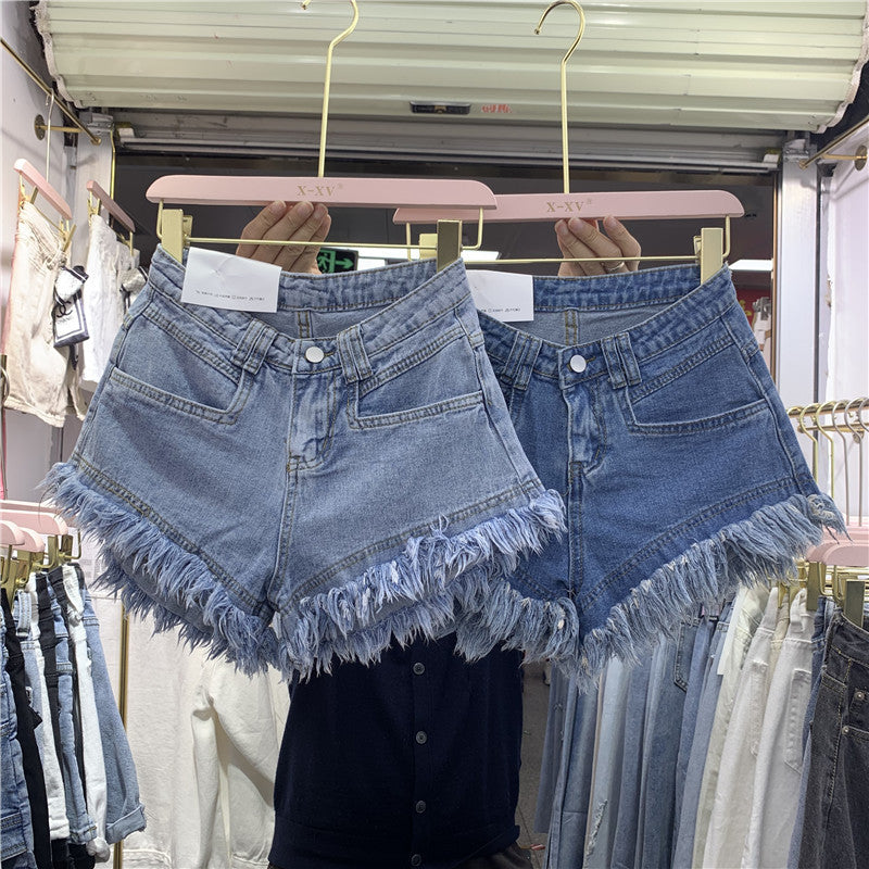 Fringed High-Waisted Denim Shorts for Women Summer