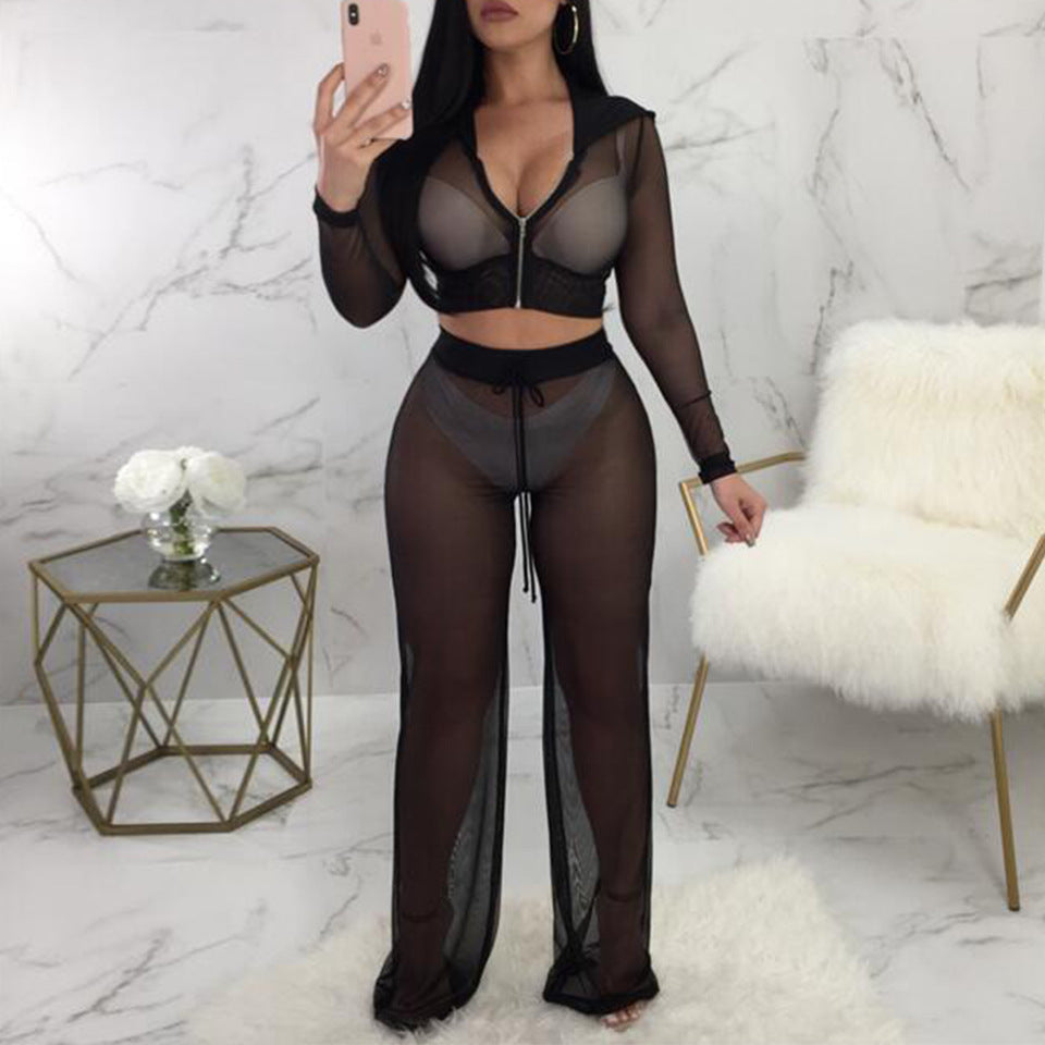 Lace Patchwork Sexy Zipper Two-Piece Women's Set