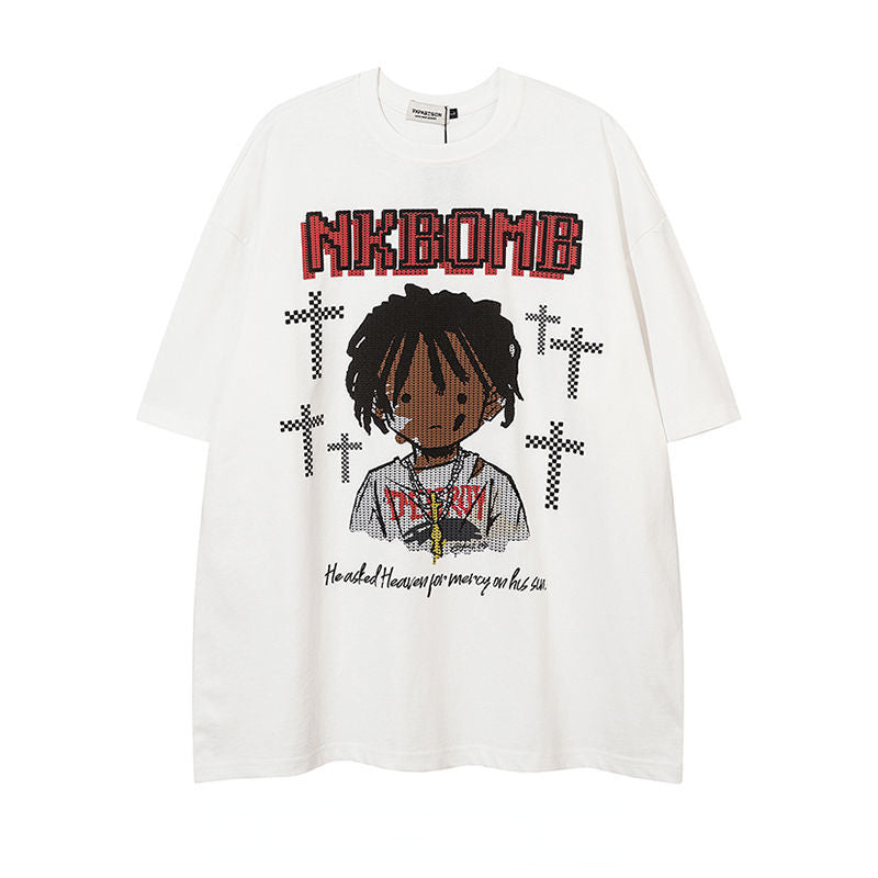 Korean Retro Cartoon Printed Hip Hop T-Shirt for Men