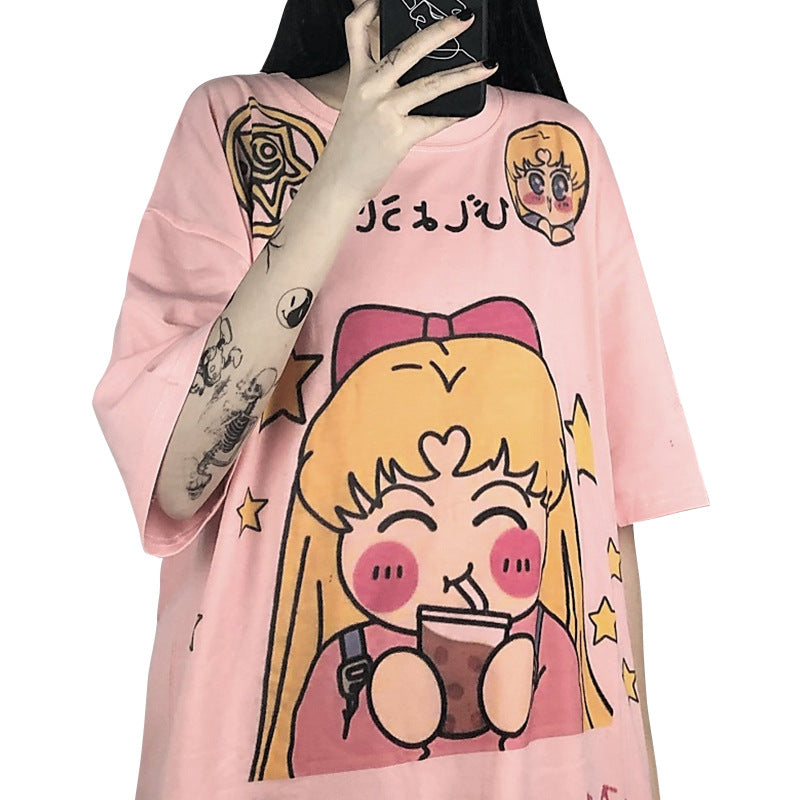 Summer Korean Cartoon Print Loose T-Shirt for Women